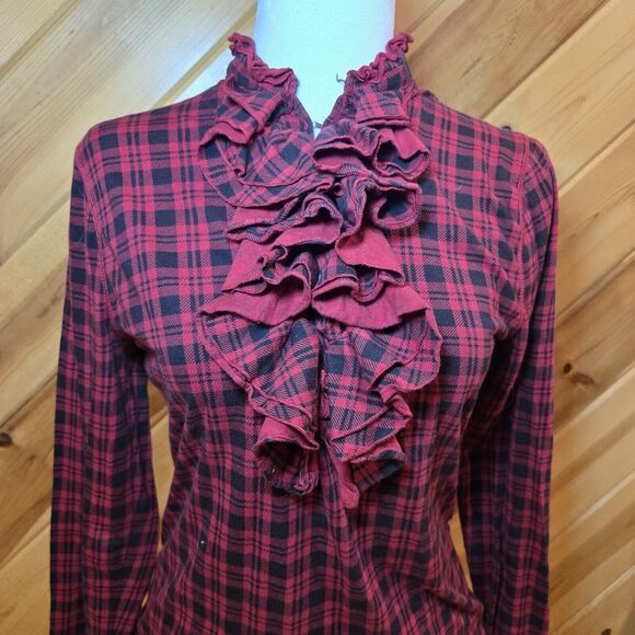 LRL Lauren Jeans Ruffled Mock Neck Top Size S Red‎ & Black Classic Plaid Cotton - Picture 2 of 8